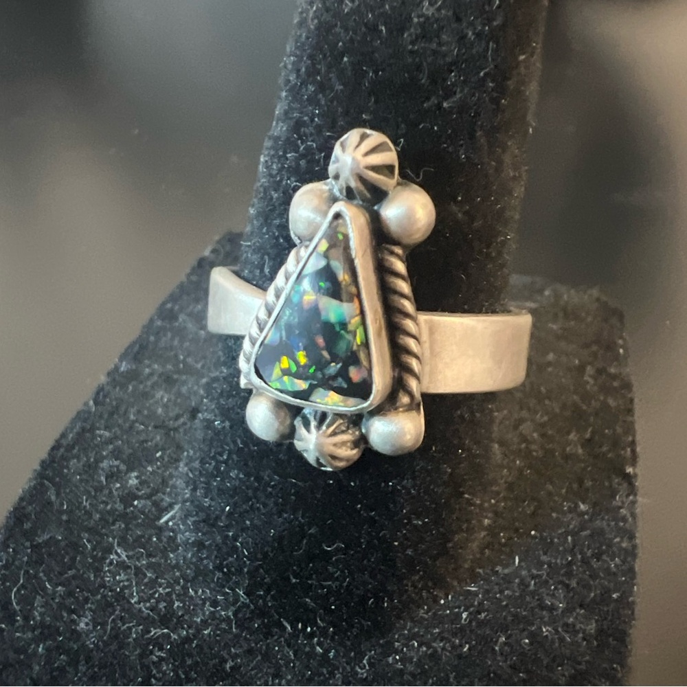 Matte Silver Black Opal Adjustable Ring - image 1